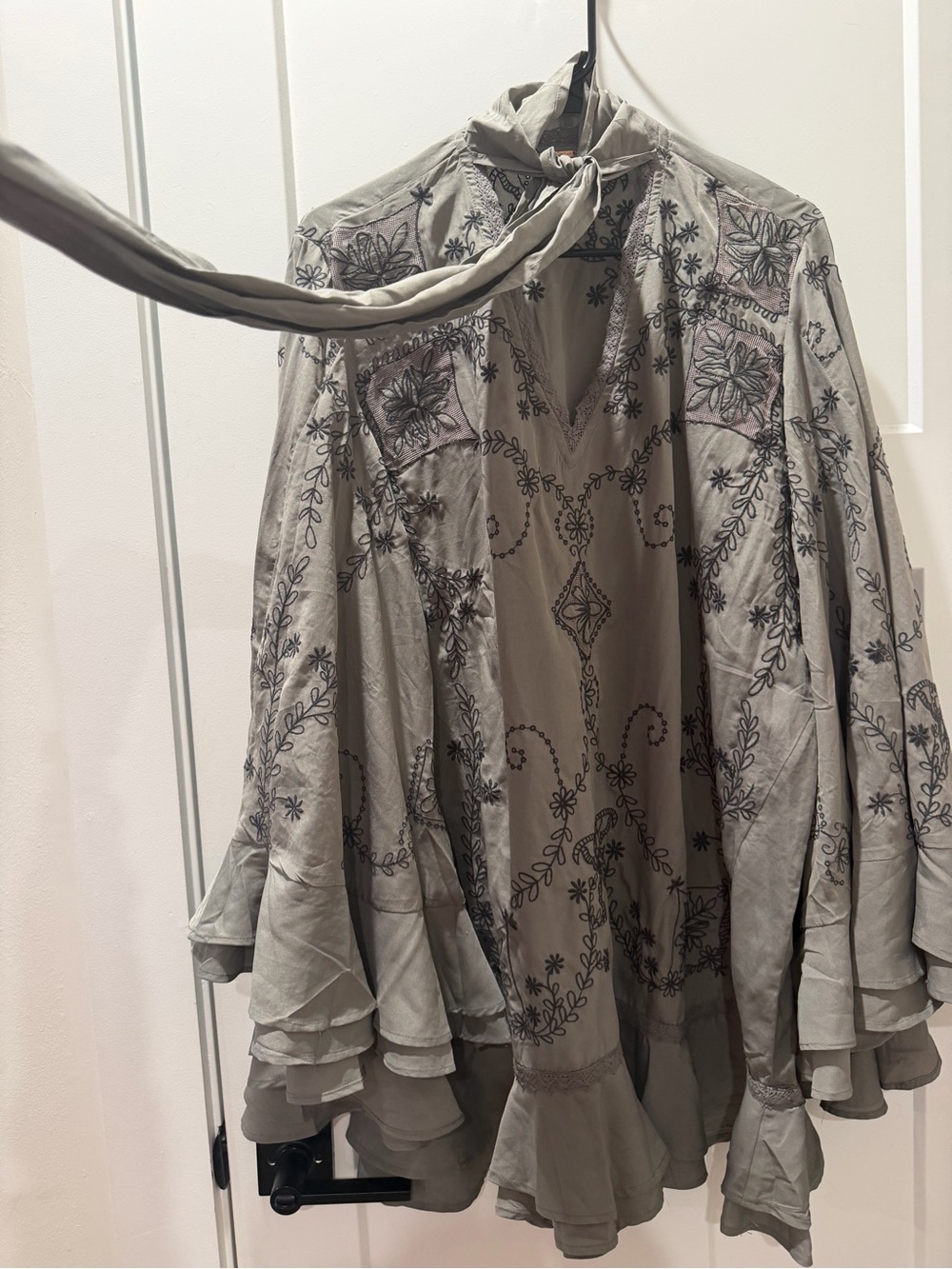 Free People Taupe Floral-Embroidered trumpet sleeve ruffle Dress - Picture 11 of 11